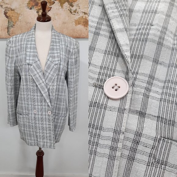Vtg 80s oversize light blue plaid blazer - Evan-Picone brand - Picture 1 of 13